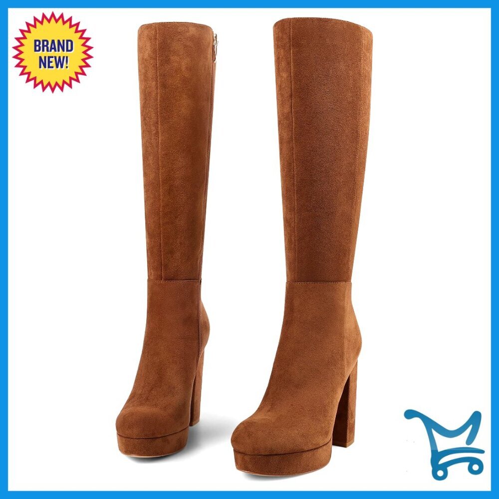 Platform Knee High Boots Chunky Heel Round Toe Side Zipper Tall Boots